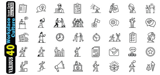 Collection of 40 black and white line art icons representing workplace culture and business