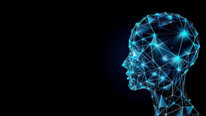 Outline of a head or body filled with tiny glowing polygons and lines, symbolizing AI, identity, and futuristic human-machine fusion.