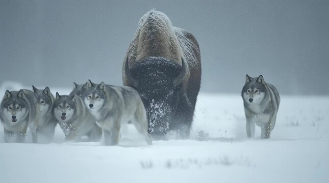 A wolf pack surrounds a massive bison amid a heavy snowstorm, their bodies low and tense, eyes fixed on the prey &mdash; a raw, cinematic portrait of survival in the wild.
