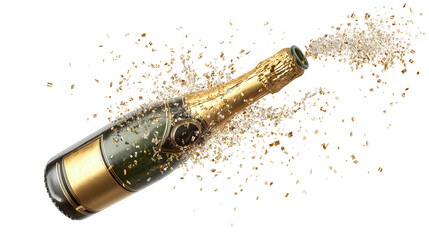 Champagne bottle with golden foil popping open and sparkling stream flying, luxury toast icon, transparent background 