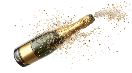 Champagne bottle with golden foil popping open and sparkling stream flying, luxury toast icon, transparent background 