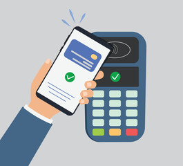 Hand holding mobile phone for payment in phone bank application. Wireless, RFID NFC, contactless or cashless payments.