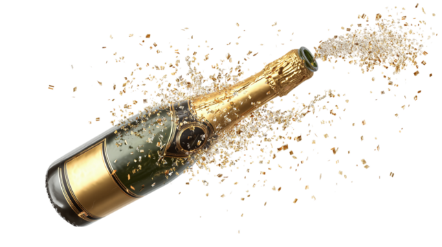 Champagne bottle with golden foil popping open and sparkling stream flying, luxury toast icon, transparent background 