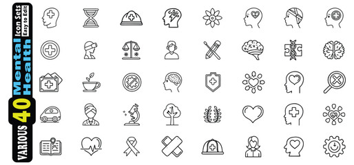 Collection of 40 thin line icons for mental health and wellness concepts healthcare