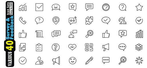 Collection of 40 survey and feedback line art icons on white background vector