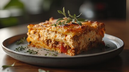 A mouthwatering homemade lasagna, layered with savory meat sauce, creamy cheese, and fresh herbs, served on a plate--ideal for family gatherings and the ultimate comfort food experience 
