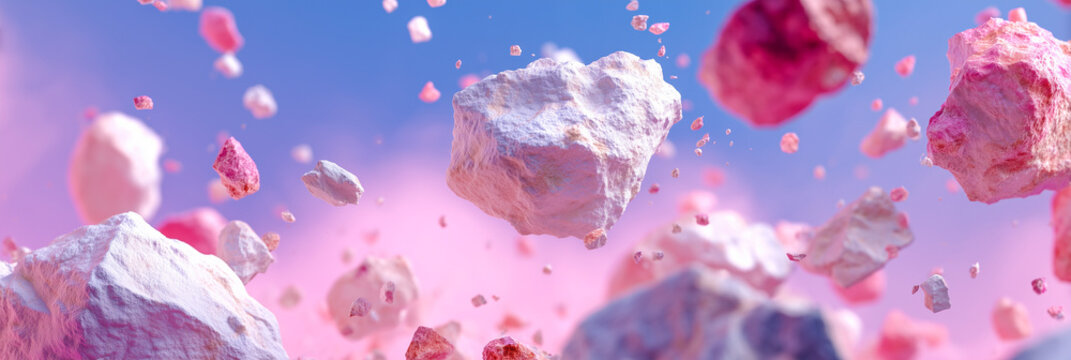 Colorful floating rocks in a surreal sky with pink and blue tones.
