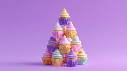 Colorful cupcakes stacked in a pyramid on a purple background. 