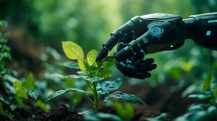 A robotic arm handling a plant, representing the digital transformation and innovation in agriculture and smart farming 