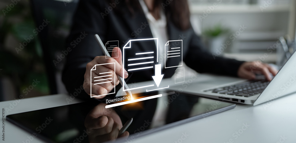 Poster visual representation of digital document downloading, showing file transfer, data access, and progr