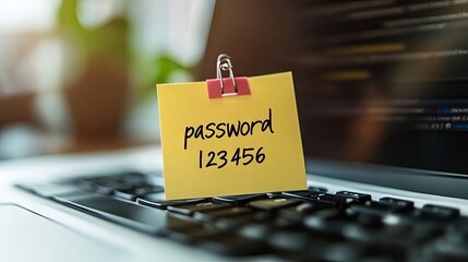 A sticky note displaying "password 123456" on a laptop keyboard, highlighting the concept of data protection and password strength