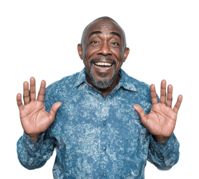 Joyful man gesturing cheerfully portrait bright environment isolated on transparent background