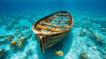 Obraz premium A submerged wooden boat resting in crystal-clear blue water, surrounded by fish, highlighting marine life and the wonders of underwater exploration -