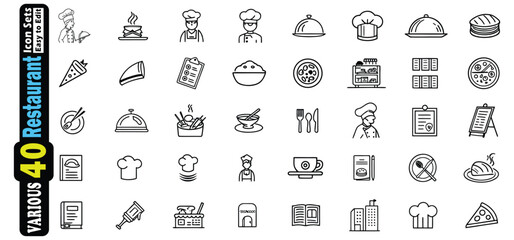 Collection of Black and White Restaurant and Food Icons on White Background vector