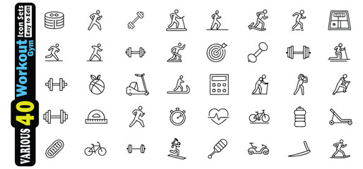 Collection of Black Outline Fitness and Workout Icons on White Background exercise health