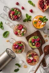 Colorful smoothies served in clear glass cups, surrounded by fresh fruits, creating a vibrant and healthy composition that highlights natural flavors, freshness, and a nutritious tropical lifestyle