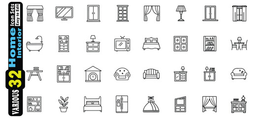 Collection of Black Outline Home Interior Furniture and Decor Icons icon set illustration