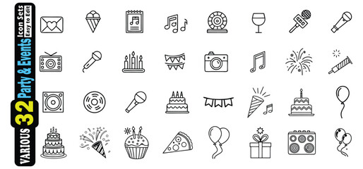 Collection of black outline party and event icons on white background celebration
