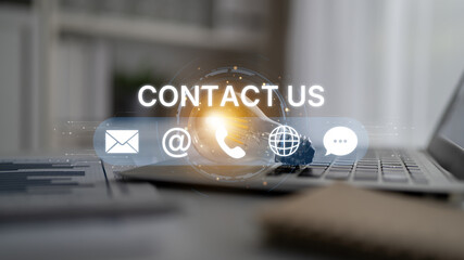 UI concept for contact us section showing icons for email, web, phone, and message. Contact and...