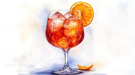 A watercolor sketch of a Spritz cocktail glass with an orange slice, set against a white background