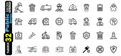 Collection of Public Service Icons Including Police Ambulance and Trash Cans vector