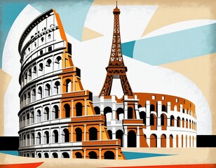 Abstract Artistic Collage Featuring Iconic Global Landmarks and Vibrant Design Elements