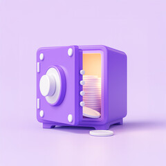 3D purple safe with open door revealing stacked coins, abstract concept of savings, wealth security, and financial protection

