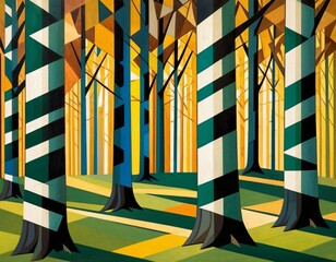 Geometric Forest Design With Colorful Patterns and Striped Tree Trunks