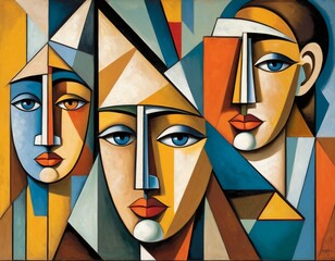 Colorful Abstract Cubist Artwork Depicting Expressive Faces in Geometric Forms
