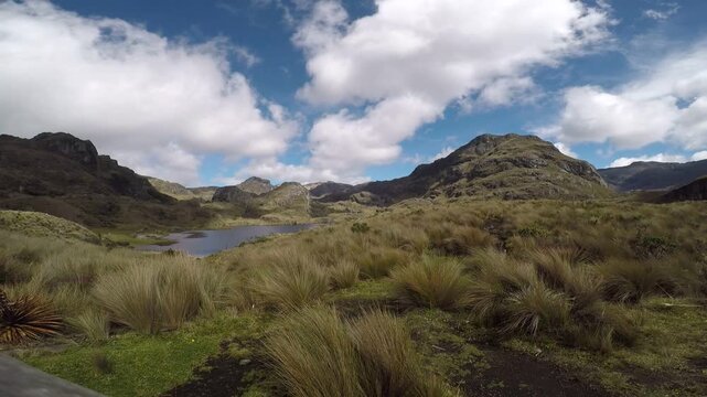 Beautiful landscape in El Cajas National Park on a summer morning. Time-lapse of cloud movement.