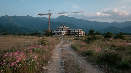 Abandoned mansion under construction, a crane towering over a dirt road, surrounded by wildflowers and mountains