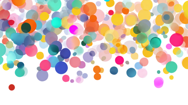 Circle confetti scatter with mixed colors and soft shadows, dynamic arrangement, transparent background  - Powered by Adobe