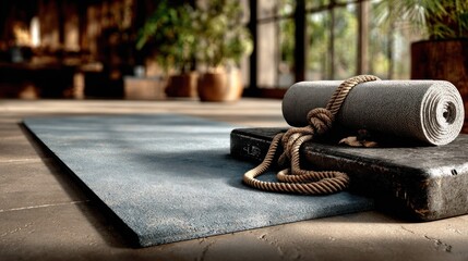 Yoga mat, rope, and blocks in a studio