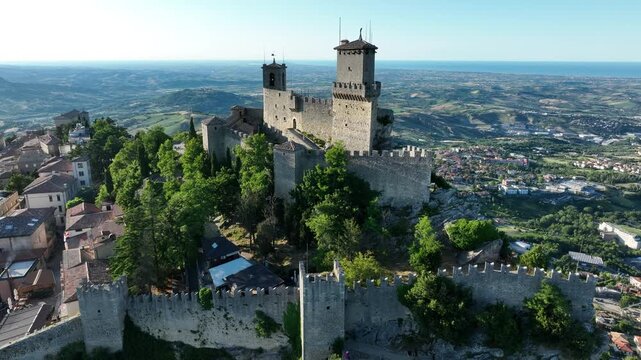 Aerial view of San Marino  also known as the Most Serene Republic of San Marino an enclaved microstate surrounded by Italy, situated on the Italian Peninsula on the northeastern side of the Apennines