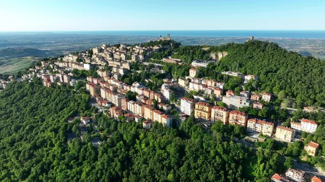 Aerial view of San Marino  also known as the Most Serene Republic of San Marino an enclaved microstate surrounded by Italy, situated on the Italian Peninsula on the northeastern side of the Apennines