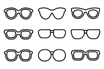 Collection of nine different styles of eyeglasses outlined on a transparent background isolated on transparent background