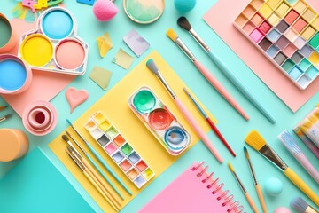Overhead shot of various art supplies including watercolors, palettes, brushes, and paper on a pastel-colored surface.