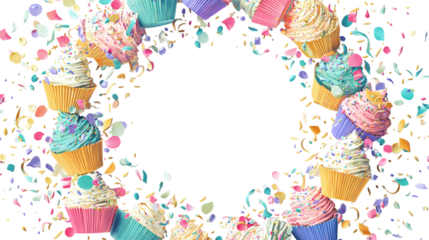 Circular wreath made of confetti, streamers, and cupcakes, with text space inside, transparent background 