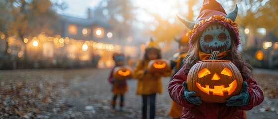 Children with Halloween costumes holding carved pumpkins