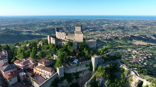 Aerial view of San Marino  also known as the Most Serene Republic of San Marino an enclaved microstate surrounded by Italy, situated on the Italian Peninsula on the northeastern side of the Apennines