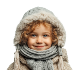 Smiling child in winter attire portrait joyful expression cozy environment isolated on transparent background