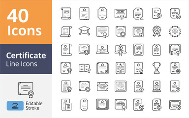 Forty certificate and award line icons with editable stroke diploma illustration