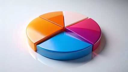 A colorful 3d pie chart with five segments representing data and analysis, isolated on a white background