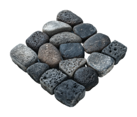 Natural black volcanic rocks arrangement decorative stones textured surface isolated on transparent background