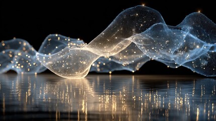 Abstract, flowing, translucent, light, golden particles, waves,  on reflective surface