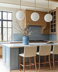 modern kitchen featuring large island with three pendant lights, blue vase with dried flowers, and stylish bar stools. cabinetry is warm wood, complemented by blue tile backsplash
