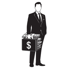 Vector art of a suited businessman carries a briefcase overflowing with cash, symbolizing financial success, isolated on white background