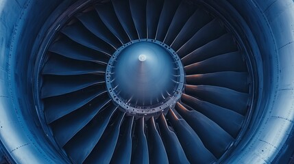 Close-up view of jet engine blades in blue tones 