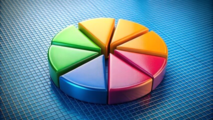 A colorful 3d pie chart with segments representing data and growth on a textured blue surface
