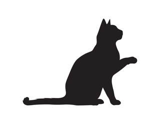 Black silhouette of a sitting cat in side view, one front paw gently raised as if reaching forward. Tail curved downward. Minimalist design on white background.
